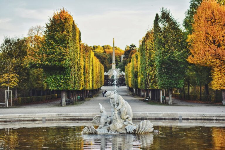 A Fountain With A Statue In The Middle Of A Pond With Trees